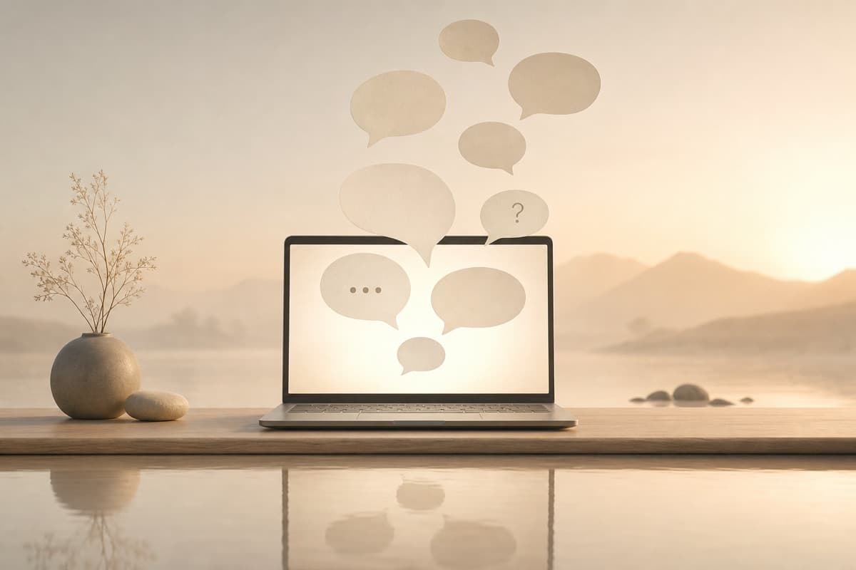 A laptop with paper speech bubbles and a question mark floating from its screen, evoking a virtual meeting icebreaker.